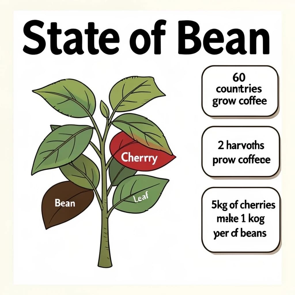 Printed poster titled "State of Bean": at the center a labeled coffee-plant diagram, carrying three keyed regions, "Bean" shaded brown, "Cherry" shaded red and "Leaf" shaded green, beside a right column of three stat chips reading "60 countries grow coffee", "5kg of cherries make 1kg of beans" and "2 harvests per year".