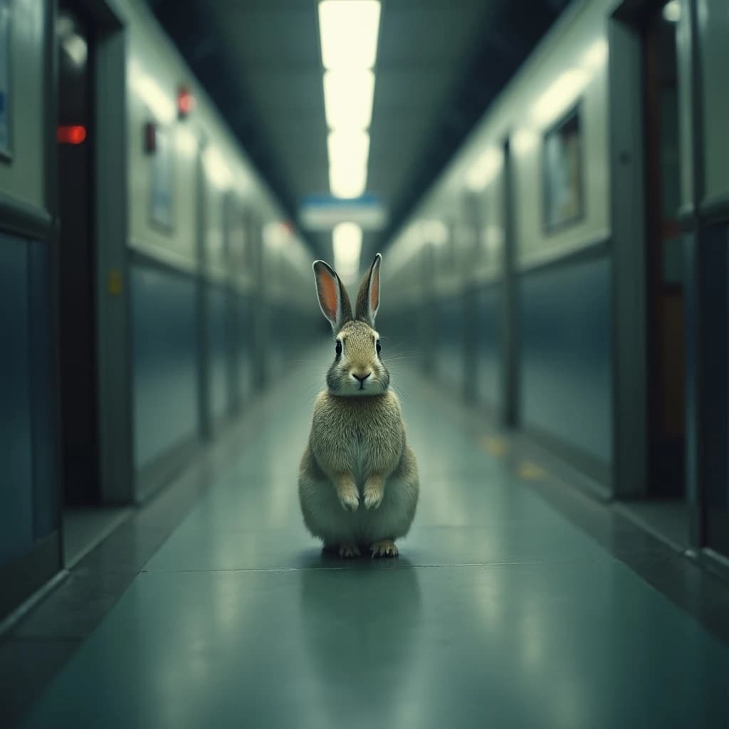 85mm f/1.8 profile framing of an arctic hare inside a train station hall, rim-lit, slight barrel distortion, medium-format look