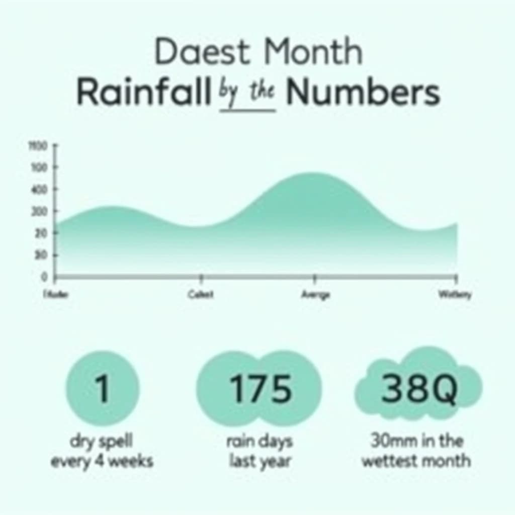 Flat infographic titled "Rainfall by the Numbers": at the center a twelve-month rainfall timeline, carrying two keyed regions, "Average" shaded pale green and "Wettest" shaded dark blue, beside a bottom row of three stat chips reading "1 dry spell every 4 weeks", "175 rain days last year" and "380mm in the wettest month".