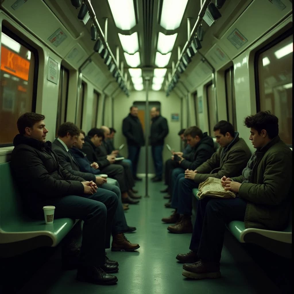 Cinematic photograph inside a late night subway car, handheld, lit only by flickering ceiling strips and orange platform light sliding past the windows. Nine passengers down the car: the three on the left bench all sleep with heads tipped at different angles, the four on the right bench are awake, one folding a paper bag, one holding a bike wheel upright between his knees, one wrapping her own wrist in tape, one staring straight into the lens. Two more stand at the far doors gripping the same pole with a violin case wedged between them. An empty seat beside the nearest sleeper, a coffee cup rolling under it.
