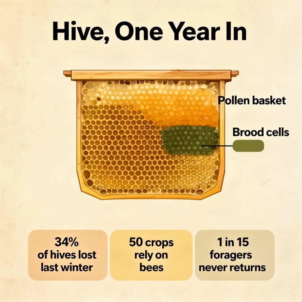 Printed poster titled "Hive, One Year In": at the center a cutaway of a hive frame, carrying two keyed regions, "Pollen basket" shaded amber and "Brood cells" shaded olive, beside a bottom row of three stat chips reading "34% of hives lost last winter", "50 crops rely on bees" and "1 in 15 foragers never returns".