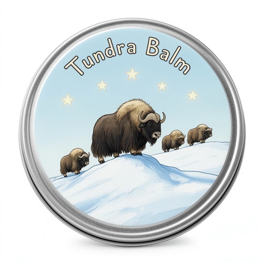 Children's illustration for a balm tin lid: a shaggy musk ox on a snowy ridge with three smaller ones following behind in a line, four pale stars in the sky above, and "Tundra Balm" curved along the top edge in rounded lettering.