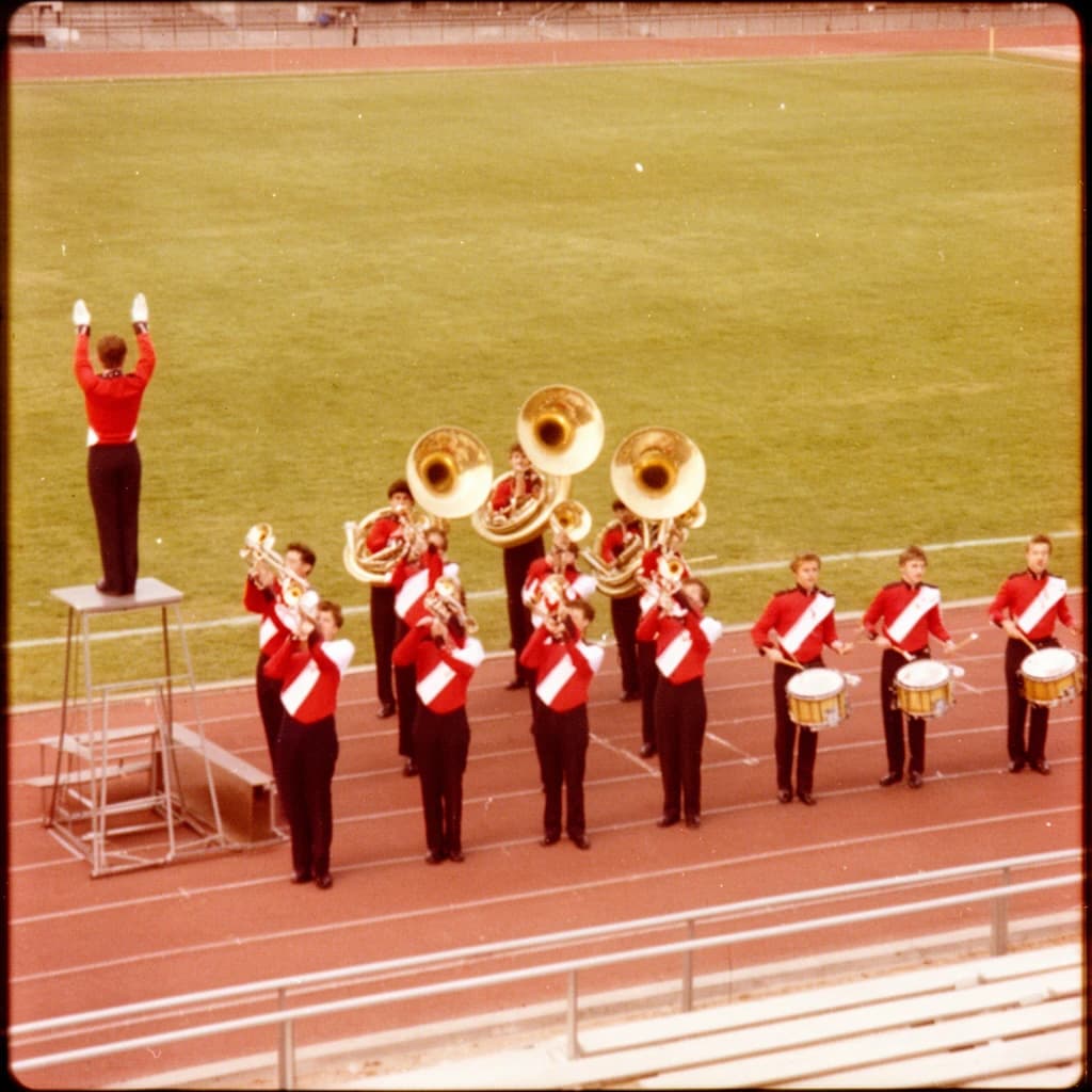 Nineteen seventies Kodachrome-era colour film look, faded warm grain and slight overexposure: a high school marching band seen from a stadium walkway. Front rank of five trumpet players in red and white uniforms, all with horns raised. Behind them three sousaphones in a triangle, the middle player caught mid turn. A line of four drummers to the right, the snare drummer nearest the camera mid stroke. A single drum major stands on a podium at the far left with his back to us, arms up. Empty green field behind them.