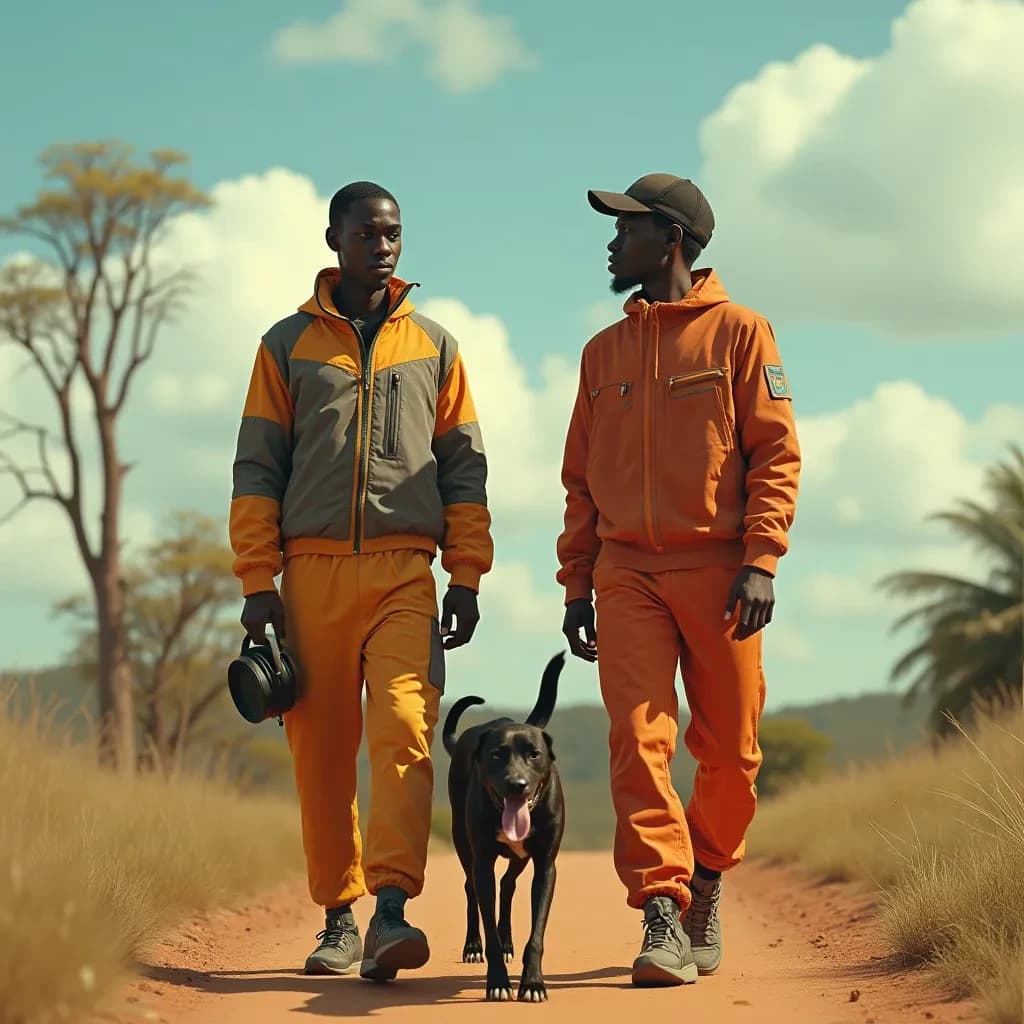 Jacamar and Mollie in Dodoma, Tanzania in the style of futurism