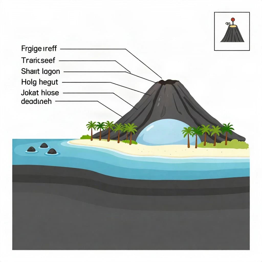 Cross section of a volcanic tropical island as a flat academic figure with clean colour blocks and a horizontal sea level line. Reading from the ocean on the left toward the right: a fringing reef crest, a shallow lagoon holding three coral heads, a white sand beach, a coconut palm belt of five trees, then a rising basalt cone with two lava layers picked out in darker grey, and a freshwater lens drawn as a pale blue dome under the middle of the island. Below sea level the flanks drop in three stepped terraces to a flat deep floor. Eight leader line labels, a depth scale down the left edge, and a small locator inset in the top right.