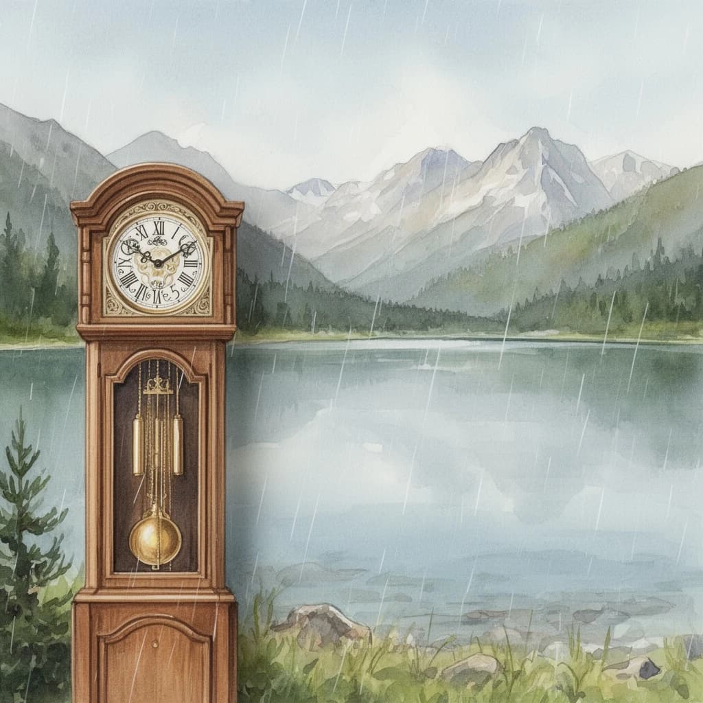 grandfather clock, mountain lake, light rain, overhead flat lay, watercolor, soft edges