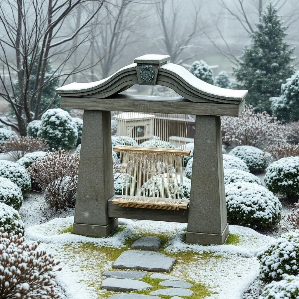 A weaver stone-still in a botanical garden, in gentle snowfall, centered full-body framing, isometric 3D style.