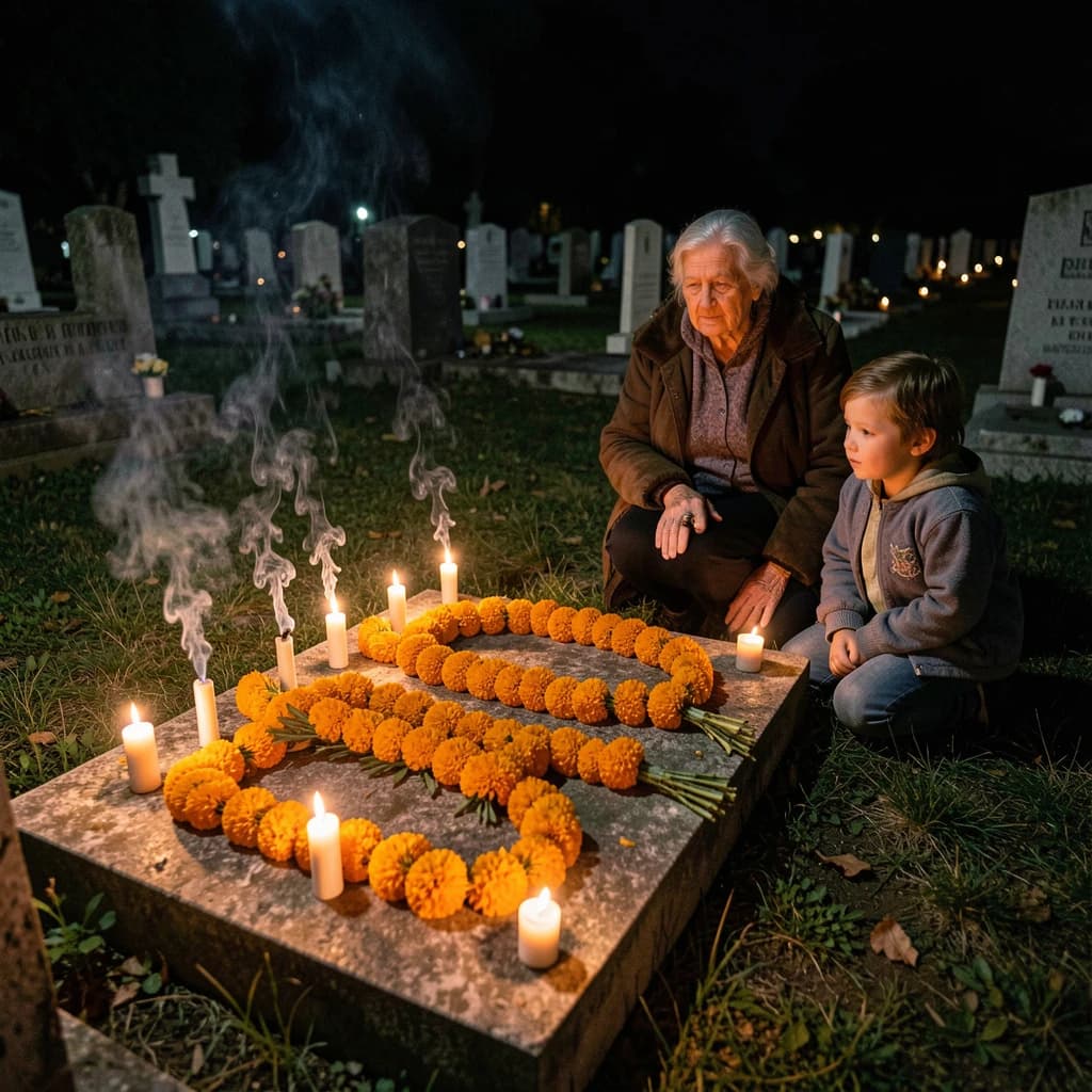 Photojournalism frame from a cemetery vigil at night: one grave slab carrying seven marigold garlands and nine lit candles, three of the candles guttered out and smoking, a grandmother and two children kneeling along the near edge.