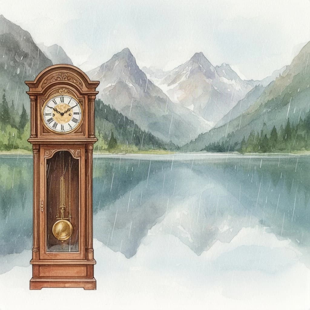 grandfather clock, mountain lake, light rain, overhead flat lay, watercolor, soft edges