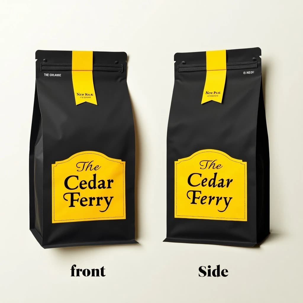 Cut-paper collage: one coffee bag in two views. The views are captioned "front" and "side" in that order. The wordmark "The Cedar Ferry" appears on every view. The black-and-yellow coloring is the same across every view, and only the angle changes.