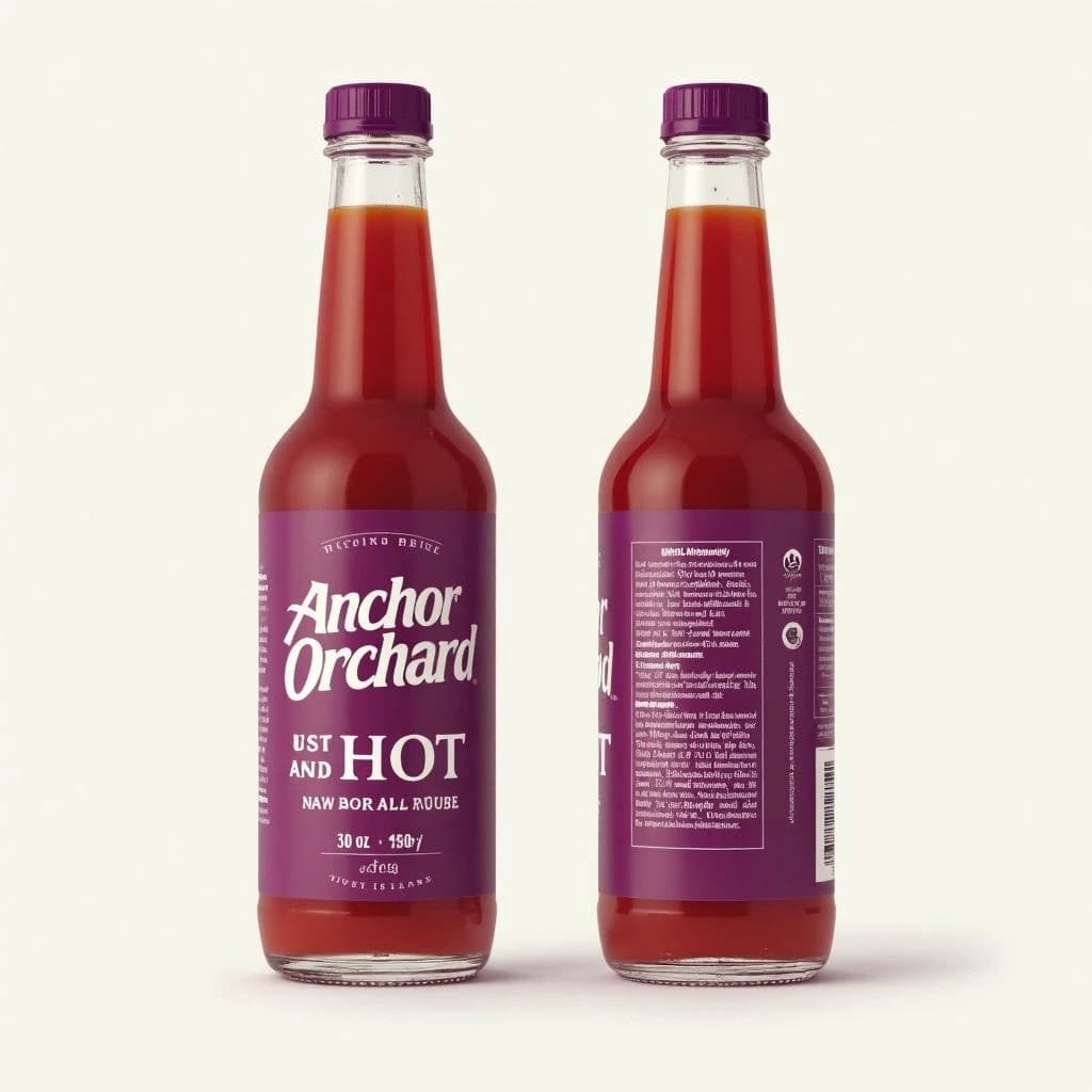 Printed poster: one hot-sauce bottle in two views. The views are captioned "front" and "back" in that order. The wordmark "Anchor Orchard" appears on every view. The purple-and-white coloring is the same across every view, and only the angle changes.