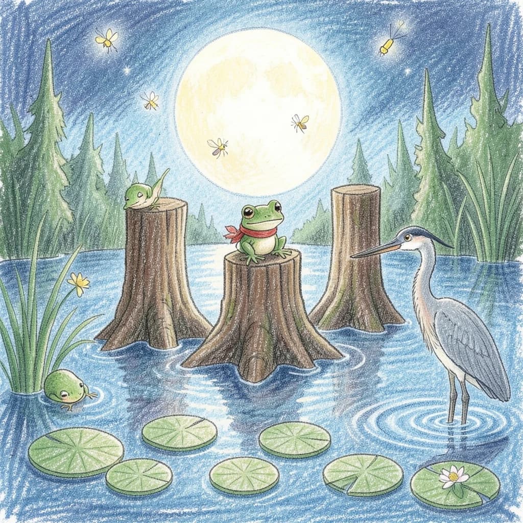 Story card in soft children's book illustration with crayon texture. A moonlit swamp with three cypress stumps in a row across the water. A small green frog in a red scarf sits on the middle stump. Two fireflies circle above his head while four more sit sleeping on the reeds to the left. A heron stands knee deep at the right edge, looking away from the frog. Nine lily pads float across the foreground, only one of them carrying a flower.