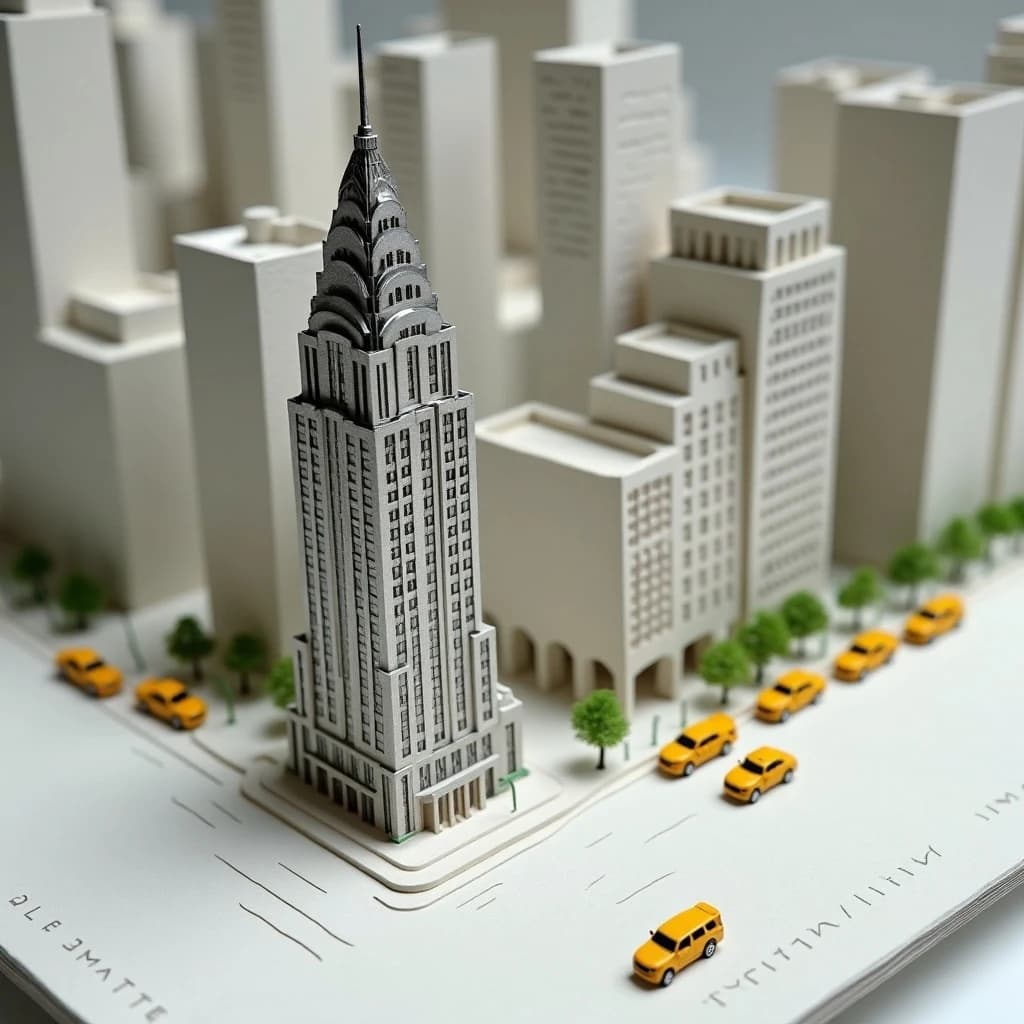 Tilt shift photograph of a hand built architectural scale model of a Midtown Manhattan block, studio lit from the upper left.
The Chrysler Building stands on the corner in polished silver card with its stepped crown and triangular windows. Directly across the street sits a proposed cream limestone tower, two floors shorter, topped by a stepped roof garden. Between them four smaller grey massing blocks in plain foam. Six tiny yellow cabs on the avenue, three stopped at the crossing and three queued behind, with a line of green model trees down the median.
