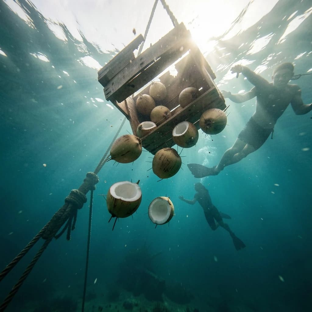 Underwater photography, film still from a castaway feature, shot from six metres down looking up toward the surface. A wooden crate has burst mid-sink: nine coconuts drift out of it, five still husked and pale brown, four split open and white, the split ones sinking faster than the whole ones. The crate hangs above them, lid half torn away, roped to a sunken mast that runs out of frame to the lower left. A swimmer silhouetted against the bright surface reaches down toward the nearest whole coconut, one fin missing. Blue green water column, sunbeams, drifting particles, natural light only.