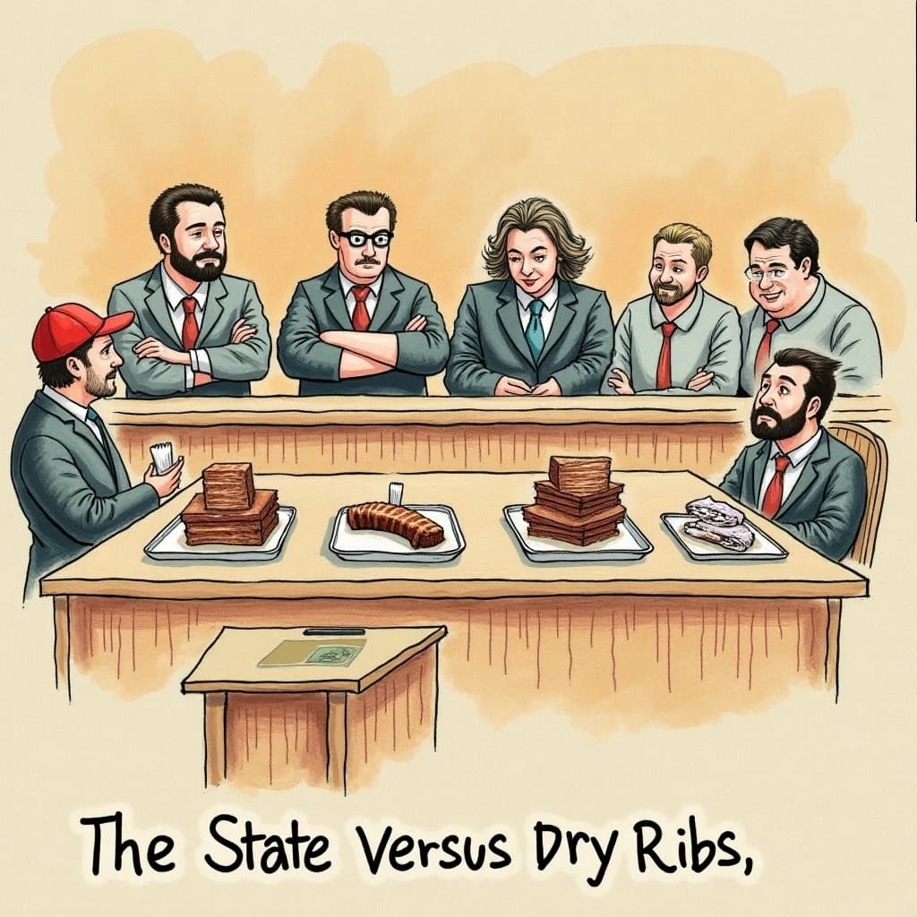 Courtroom sketch poster in colored pencil on toned paper for a barbecue joint's rib contest. The judges' bench sits at top center with three judges behind it, the middle one holding a rib up to the light while the other two turn toward each other. On the evidence table below stand four trays: two stacked with ribs, one holding a single burnt end, one empty. A pitmaster in a red cap stands at the podium on the left with his arms crossed. Six jurors fill the box on the right, five with napkins tucked into their collars and one without. Caption bar at the bottom reads "The State Versus Dry Ribs, Saturday".