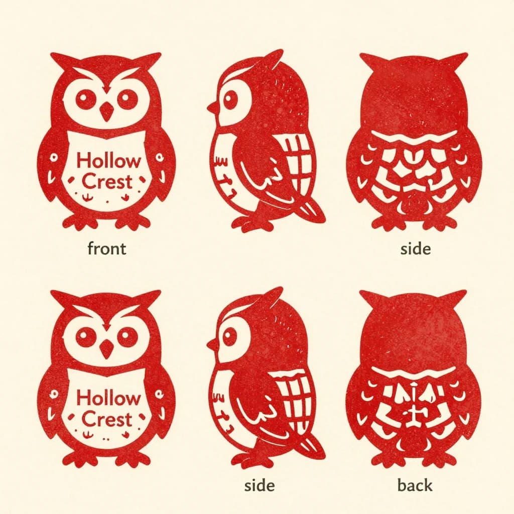 Linocut print: one bookstore owl mascot in three views. The views are captioned "front", "side" and "back" in that order. The wordmark "Hollow Crest" appears on every view with a small anchor mark beside it. The red-and-cream coloring is the same across every view, and only the angle changes.