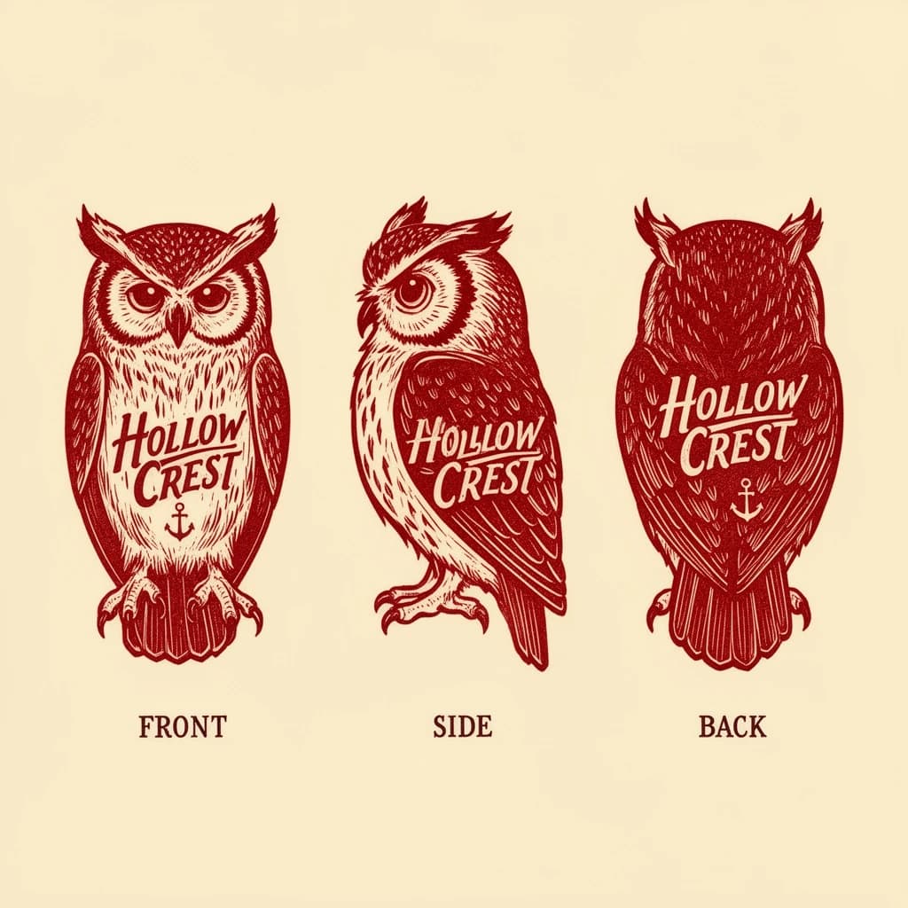 Linocut print: one bookstore owl mascot in three views. The views are captioned "front", "side" and "back" in that order. The wordmark "Hollow Crest" appears on every view with a small anchor mark beside it. The red-and-cream coloring is the same across every view, and only the angle changes.