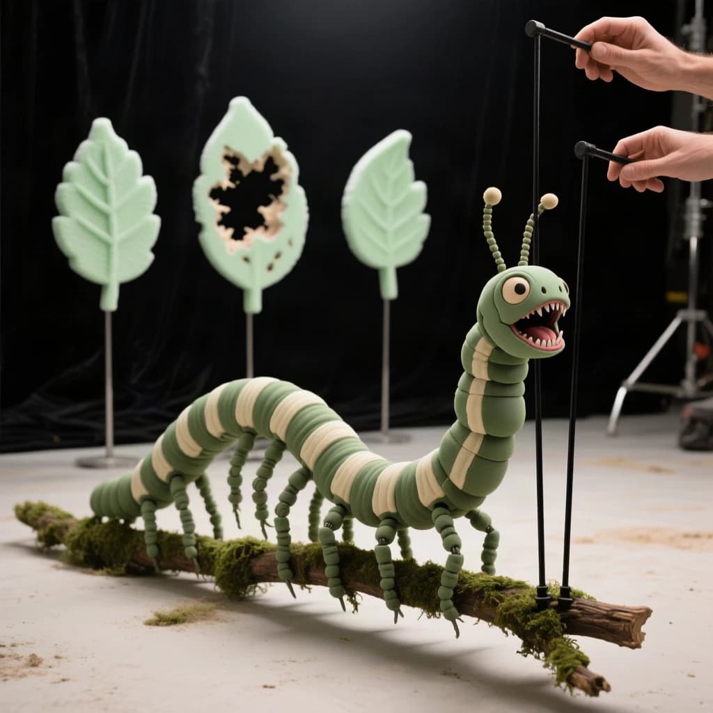 Macro photography of a practical effects test on a soundstage floor. A metre-long animatronic caterpillar puppet, dull green with a cream stripe, arched over a moss-covered branch: eight pairs of stubby legs, the front three pairs gripping the branch, the rest hanging free. Two thin black rods run out of frame to the right where a puppeteer's hands are just visible, and a third rod supports the head, which is turned toward camera with its mandibles open. Behind it, three sprayed foam leaves on stands, the middle one already chewed through. Hard key from above, black felt background, dust in the air.