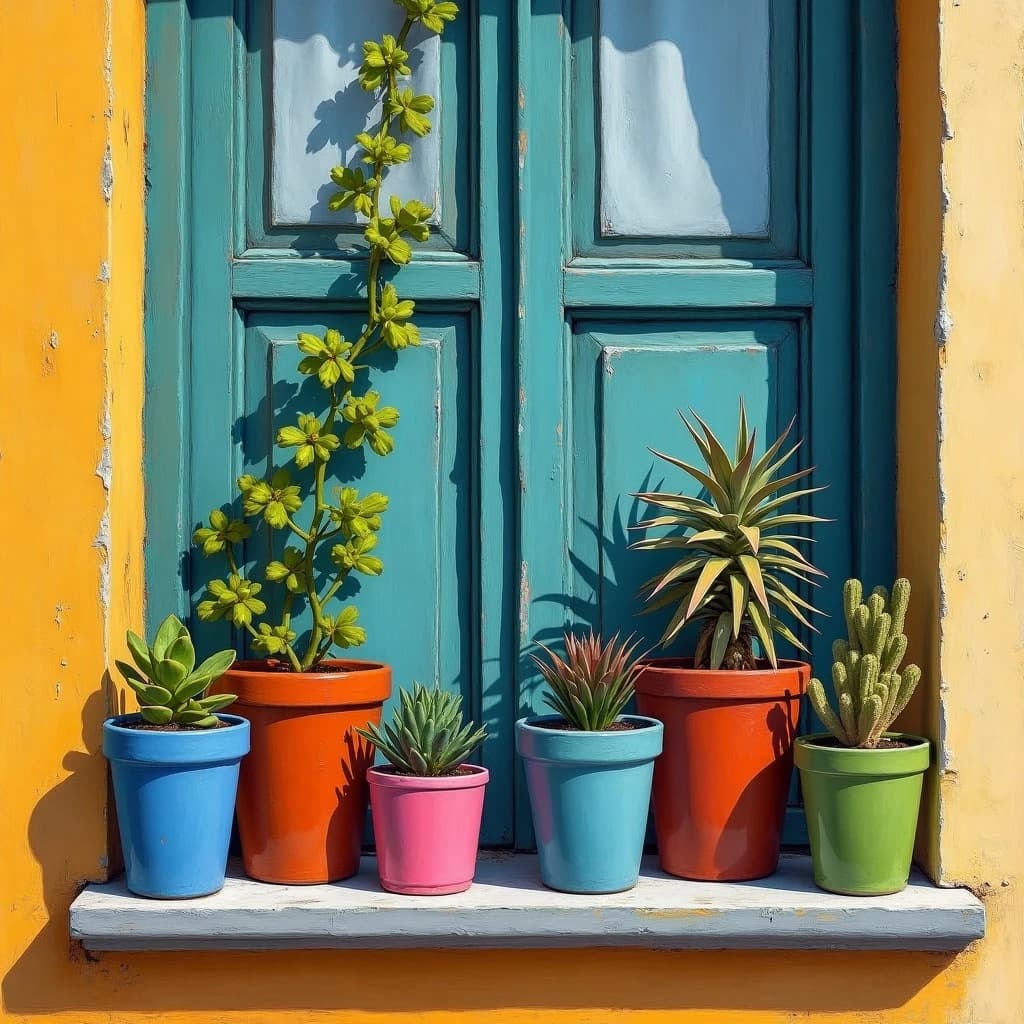 Fauvist feed post: a windowsill shelf with six potted plants, the three terracotta pots holding trailing vines and the three glazed blue pots holding upright succulents, painted in violent orange, pink and green. Only the tallest vine reaches the curtain.