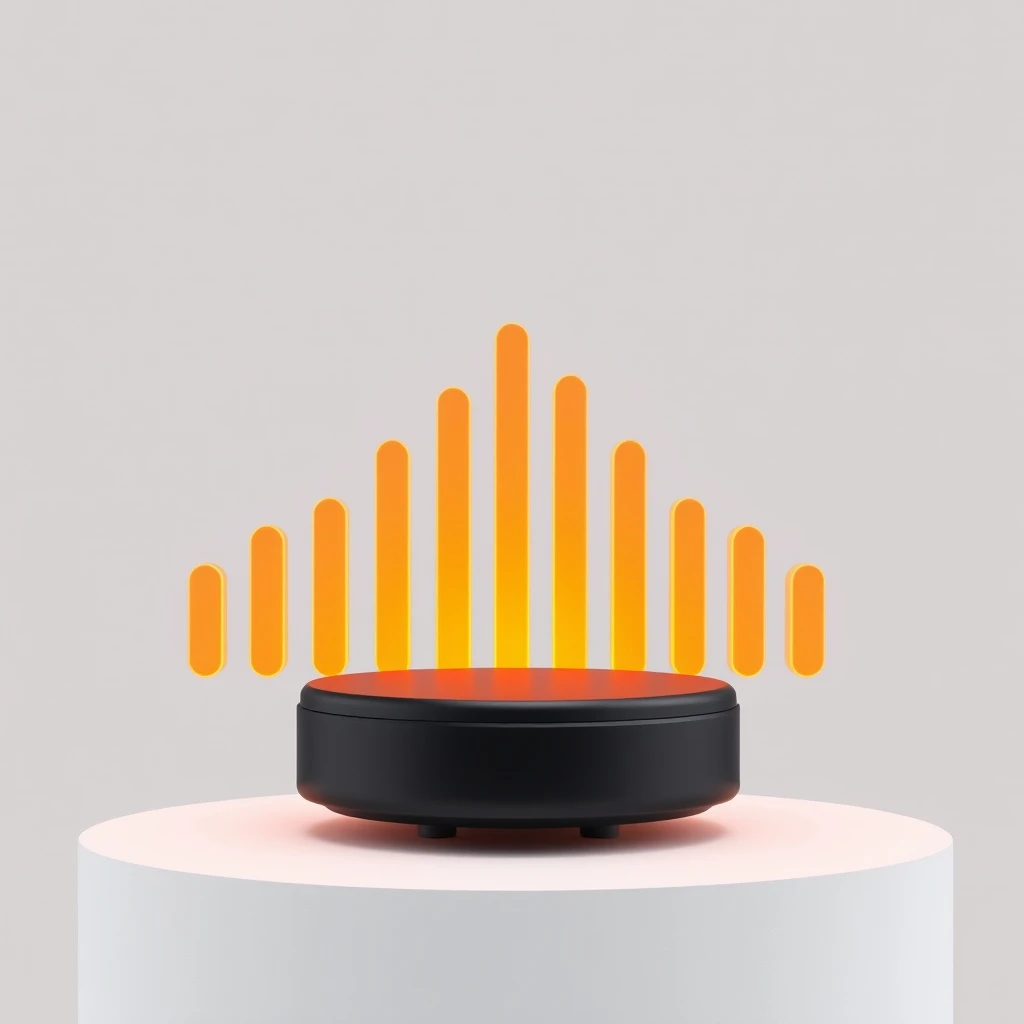 Cinematic 3D render of a matte black speaker puck on a white plinth, with a sound waveform behind it built from fourteen glowing amber bars in a gentle curve, the three tallest centred directly behind the puck and the bars shortening evenly toward both ends.