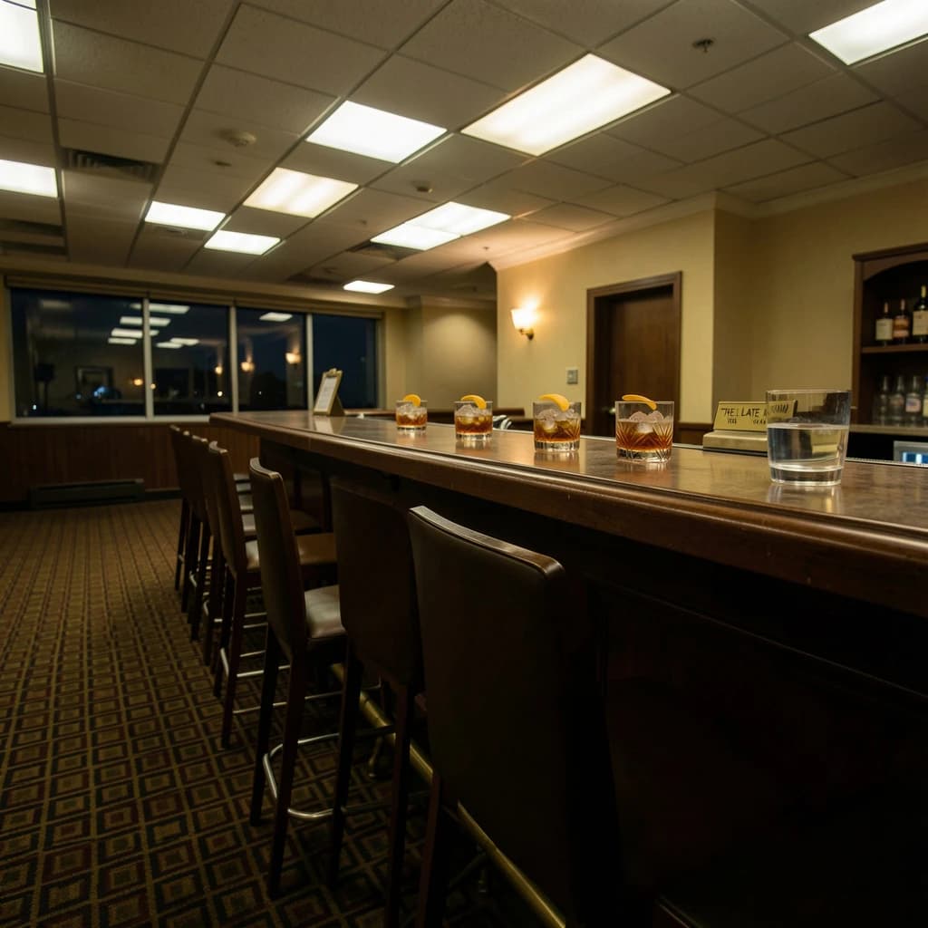 Liminal space photograph of a hotel bar at four in the morning, humming fluorescent ceiling panels, patterned carpet running off frame, nobody in sight. Eleven identical barstools stand in one unbroken row along the counter, only the fifth pulled out and turned. Three finished old fashioneds sit spaced along the bar, each down to melted ice and a single orange peel, and a fourth glass, freshly poured and still clear, waits at the far end beside a small brass sign reading "THE LATE ROOM".