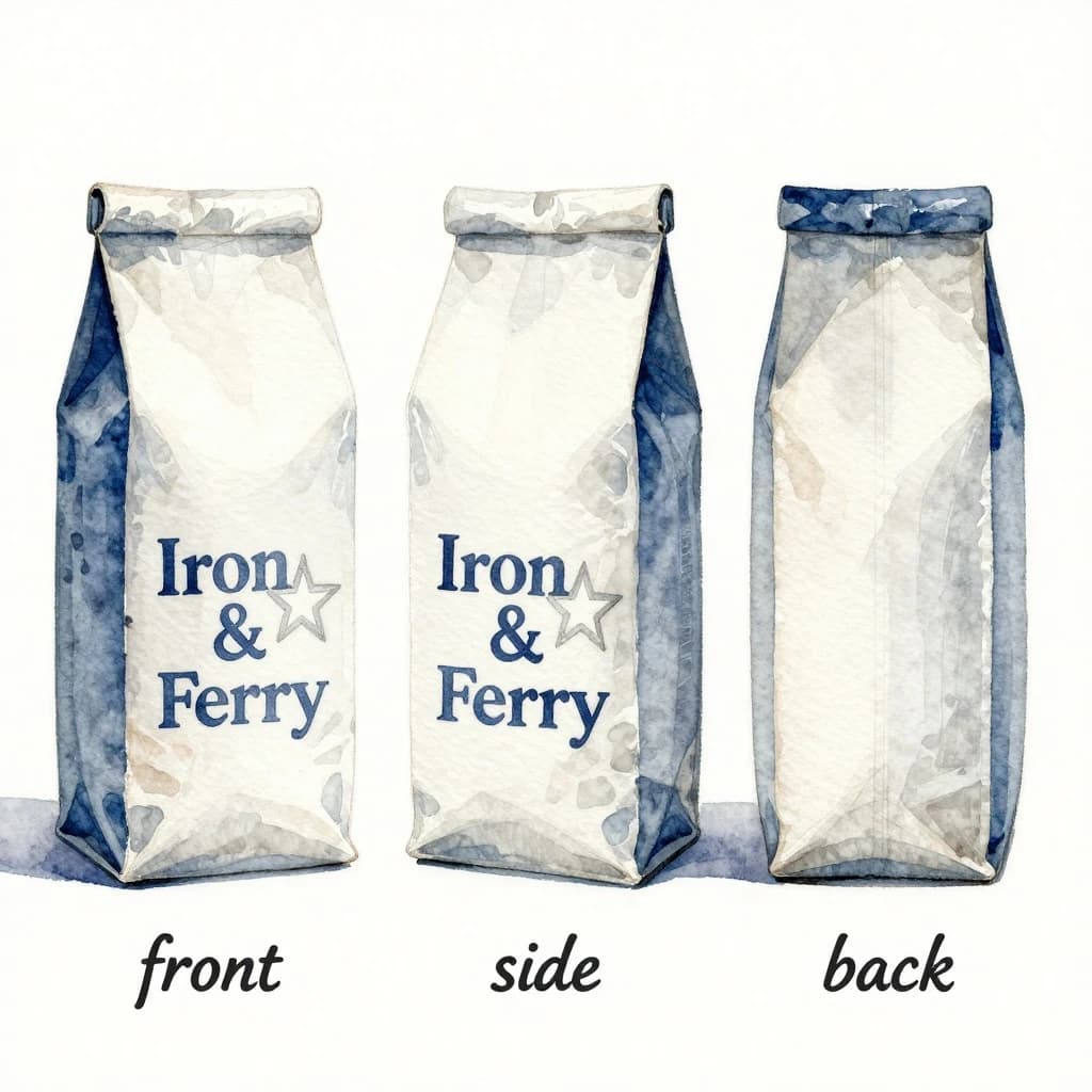 Watercolor of the same coffee bag drawn in three views, captioned "front", "side" and "back", every view carrying the wordmark "Iron & Ferry" with a five-point star outline beside it in the same blue-and-silver coloring, only the angle changing.