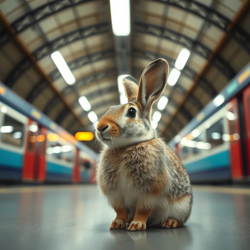 85mm f/1.8 profile framing of an arctic hare inside a train station hall, rim-lit, slight barrel distortion, medium-format look