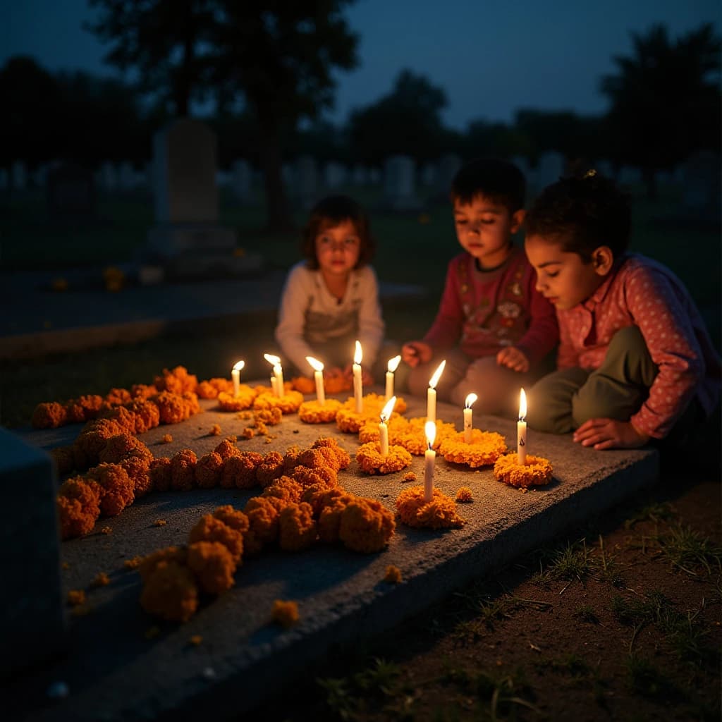 Photojournalism frame from a cemetery vigil at night: one grave slab carrying seven marigold garlands and nine lit candles, three of the candles guttered out and smoking, a grandmother and two children kneeling along the near edge.