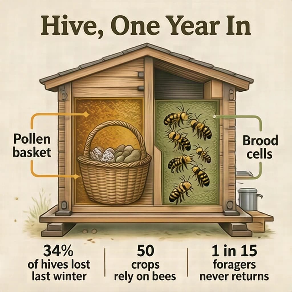 Printed poster titled "Hive, One Year In": at the center a cutaway of a hive frame, carrying two keyed regions, "Pollen basket" shaded amber and "Brood cells" shaded olive, beside a bottom row of three stat chips reading "34% of hives lost last winter", "50 crops rely on bees" and "1 in 15 foragers never returns".