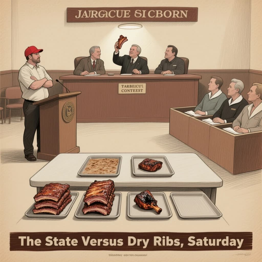 Courtroom sketch poster in colored pencil on toned paper for a barbecue joint's rib contest. The judges' bench sits at top center with three judges behind it, the middle one holding a rib up to the light while the other two turn toward each other. On the evidence table below stand four trays: two stacked with ribs, one holding a single burnt end, one empty. A pitmaster in a red cap stands at the podium on the left with his arms crossed. Six jurors fill the box on the right, five with napkins tucked into their collars and one without. Caption bar at the bottom reads "The State Versus Dry Ribs, Saturday".