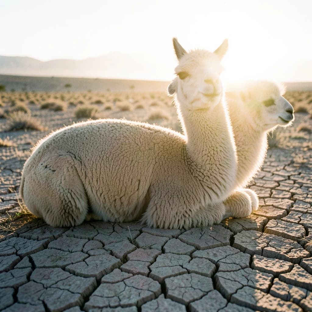 quiet alpaca on cracked earth, backlit