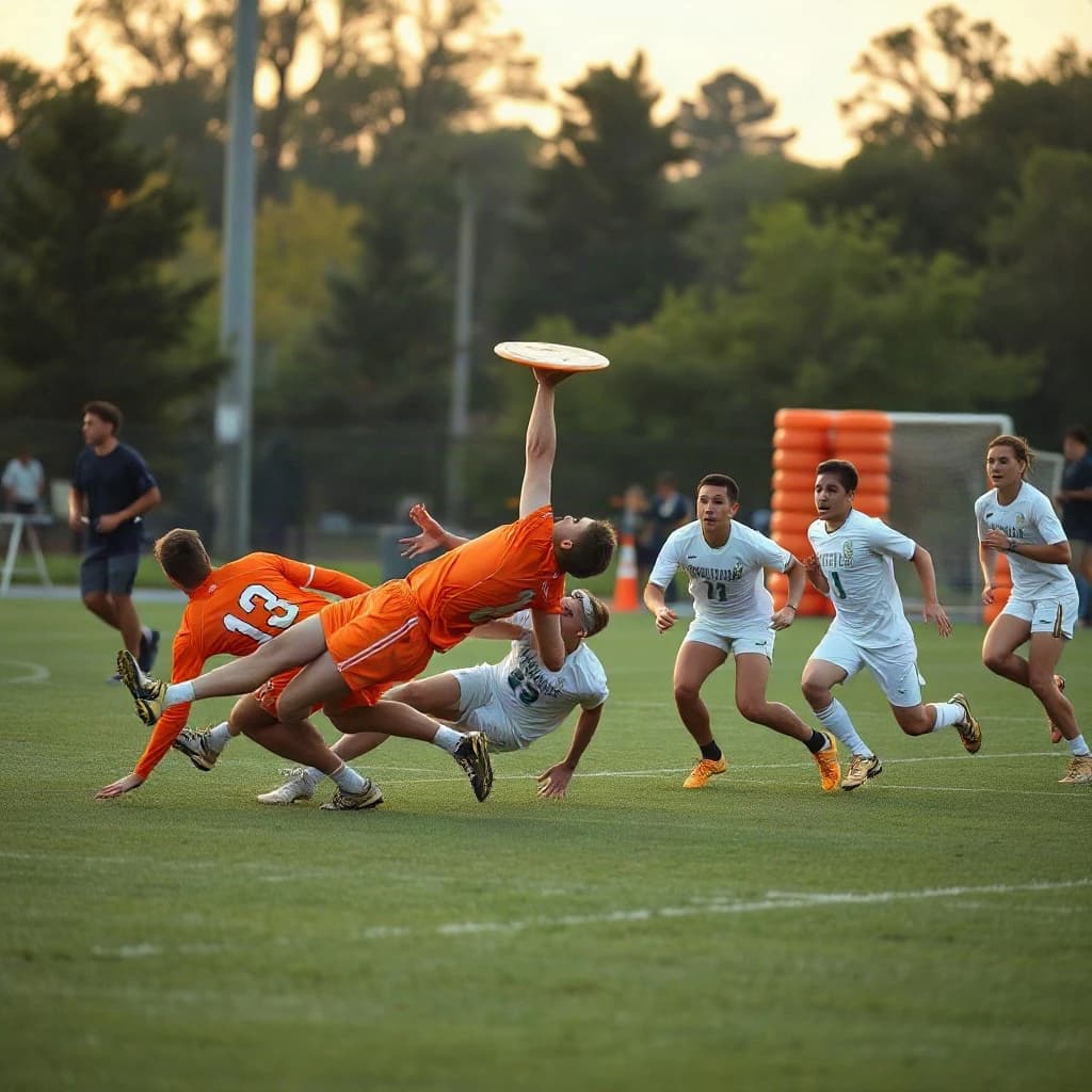 Sports photography, long lens, late afternoon on a college field. Seven players in frame: four in orange jerseys, three in white. The disc hangs just above the tallest orange player, who is fully horizontal in a layout dive; two of the white players crash into each other under it while the third white player runs the other way. Behind them on the sideline sit five backpacks in a line and a stack of four orange cones. Low golden sun, grass spray, shallow depth.