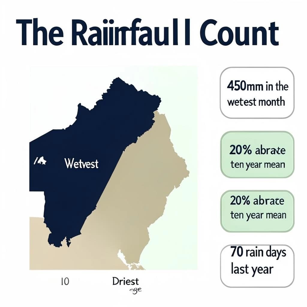 Printed poster titled "The Rainfall Count": at the center a twelve-month rainfall timeline, carrying three keyed regions, "Wettest" shaded dark blue, "Driest" shaded sand and "Average" shaded pale green, beside a right column of three stat chips reading "450mm in the wettest month", "20% above the ten-year mean" and "70 rain days last year".