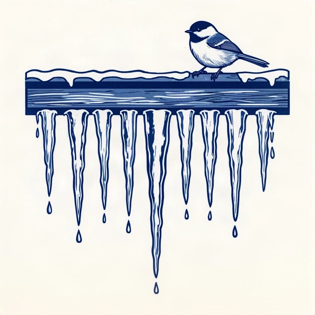 Linocut print in a single blue ink: nine icicles hanging from a cabin gutter, the longest in the middle tapering down to the shortest at each end, three of them dripping, and a chickadee perched on the gutter directly above the second icicle from the left.