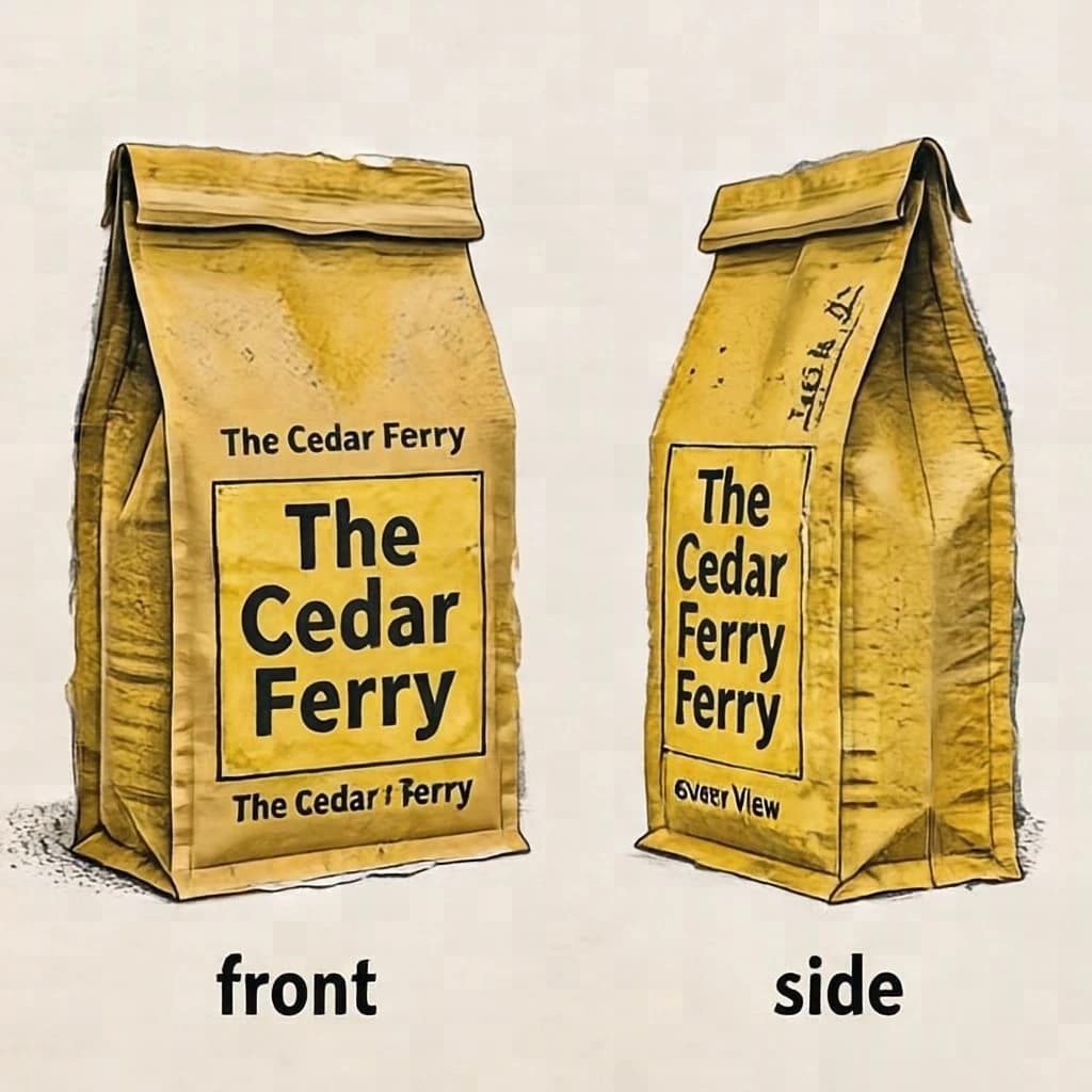 Cut-paper collage: one coffee bag in two views. The views are captioned "front" and "side" in that order. The wordmark "The Cedar Ferry" appears on every view. The black-and-yellow coloring is the same across every view, and only the angle changes.