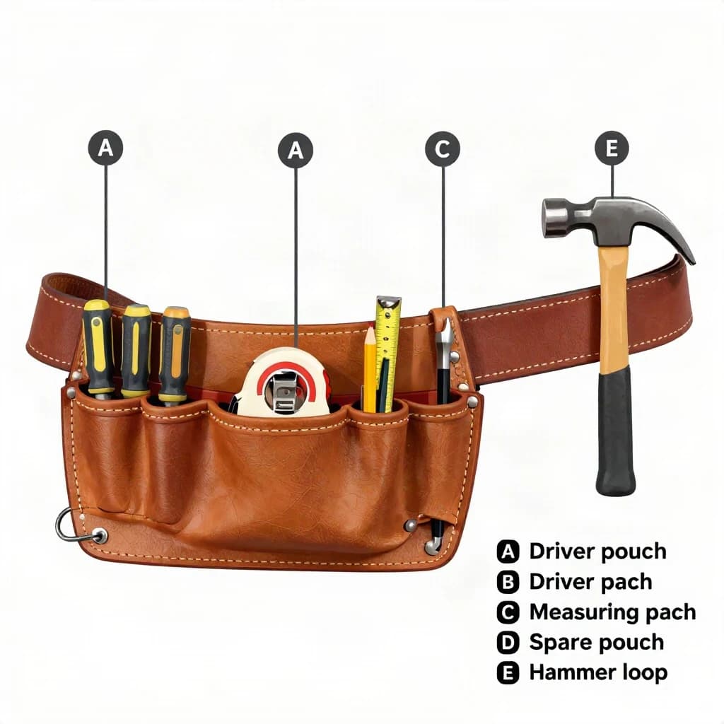 Technical flat vector exploded view of a leather tool belt laid out horizontally, pouches lifted off the strap along thin gap lines. Five pouches: the two leftmost each hold three screwdrivers, the centre pouch holds a tape measure and a pencil, the fourth stands empty, and the rightmost carries a hammer loop with the hammer hanging head down. Callout letters A through E point to each pouch, and a parts list in the lower right reads "A Driver pouch", "B Driver pouch", "C Measuring pouch", "D Spare pouch", "E Hammer loop".