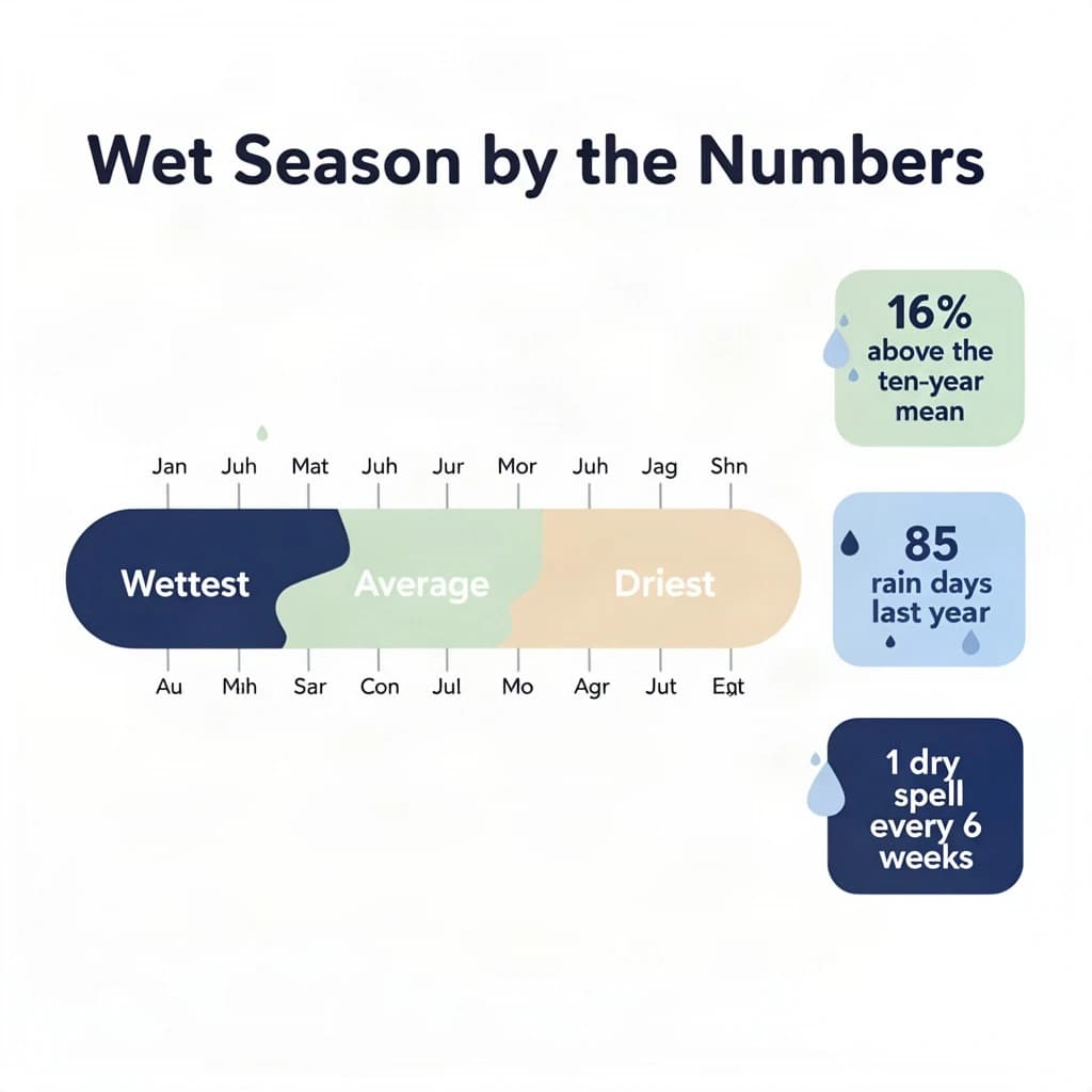 Flat vector illustration titled "Wet Season by the Numbers". A twelve-month rainfall timeline sits at the center, carrying three keyed regions, "Wettest" shaded dark blue, "Average" shaded pale green and "Driest" shaded sand. Three stat chips run down a right column, reading "16% above the ten-year mean", "85 rain days last year" and "1 dry spell every 6 weeks". Each key color matches the shading of the region it names.