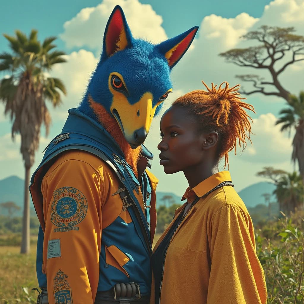 Jacamar and Mollie in Dodoma, Tanzania in the style of futurism