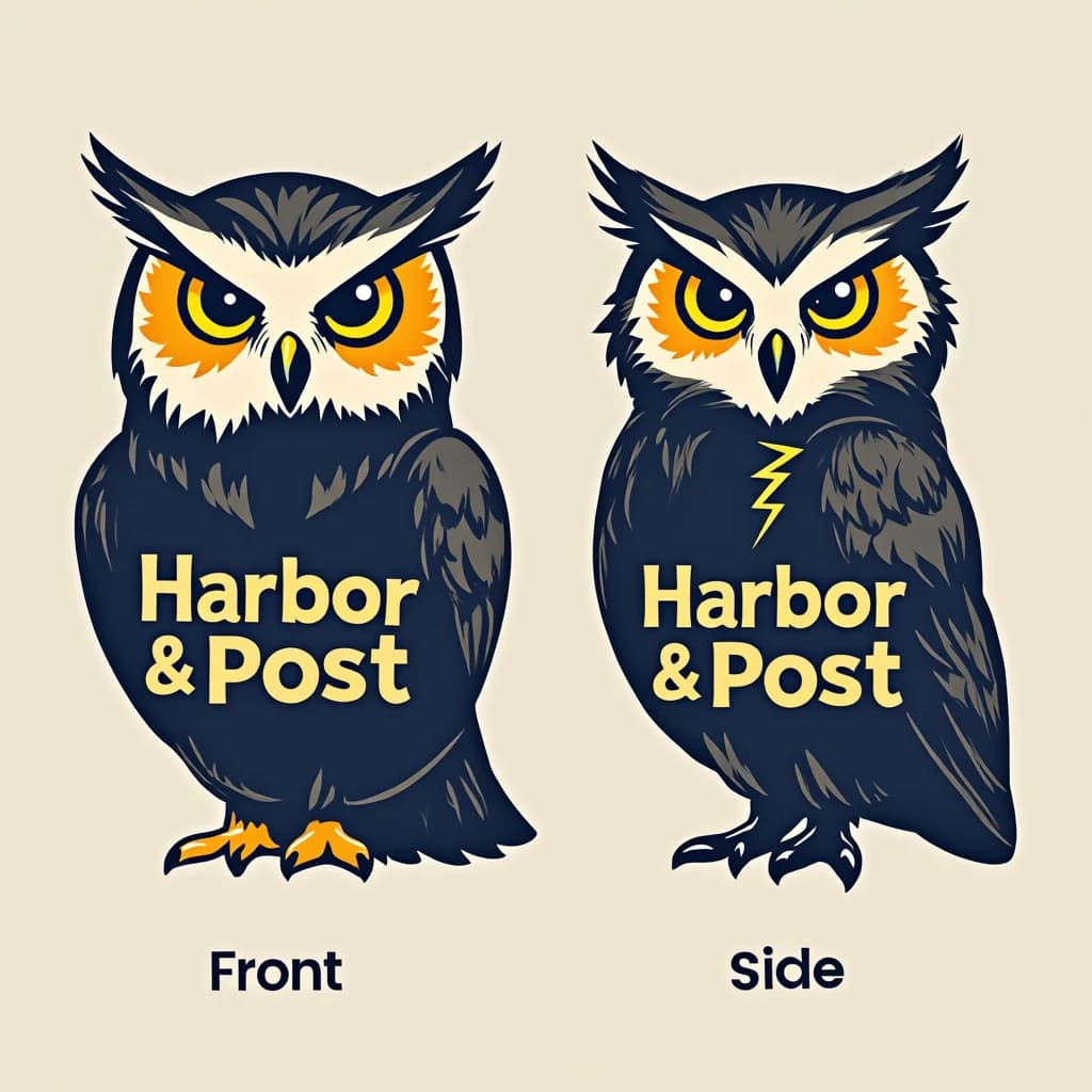 Flat vector illustration of the same bookstore owl mascot drawn in two views, captioned "front" and "side", every view carrying the wordmark "Harbor & Post" with a lightning-bolt symbol beside it in the same navy-and-gold coloring, only the angle changing.