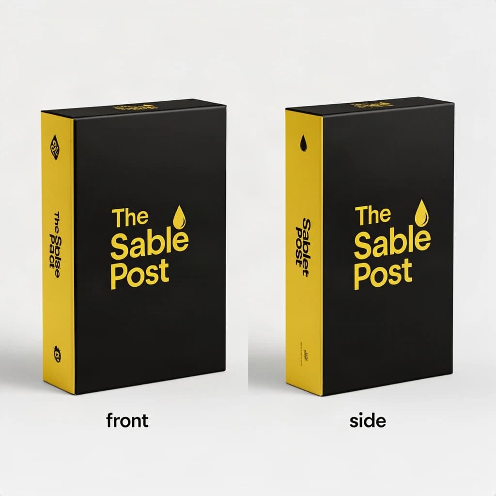 Printed poster of the same board-game box drawn in two views, captioned "front" and "side", every view carrying the wordmark "The Sable Post" with a single droplet symbol beside it in the same black-and-yellow coloring, only the angle changing.
