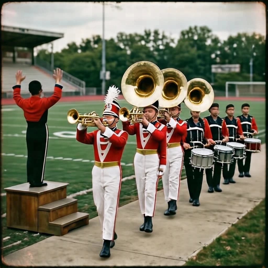 Nineteen seventies Kodachrome-era colour film look, faded warm grain and slight overexposure: a high school marching band seen from a stadium walkway. Front rank of five trumpet players in red and white uniforms, all with horns raised. Behind them three sousaphones in a triangle, the middle player caught mid turn. A line of four drummers to the right, the snare drummer nearest the camera mid stroke. A single drum major stands on a podium at the far left with his back to us, arms up. Empty green field behind them.