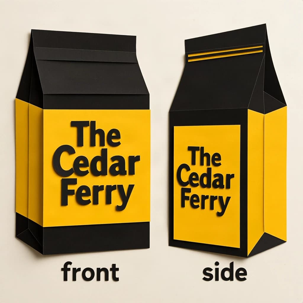 Cut-paper collage: one coffee bag in two views. The views are captioned "front" and "side" in that order. The wordmark "The Cedar Ferry" appears on every view. The black-and-yellow coloring is the same across every view, and only the angle changes.