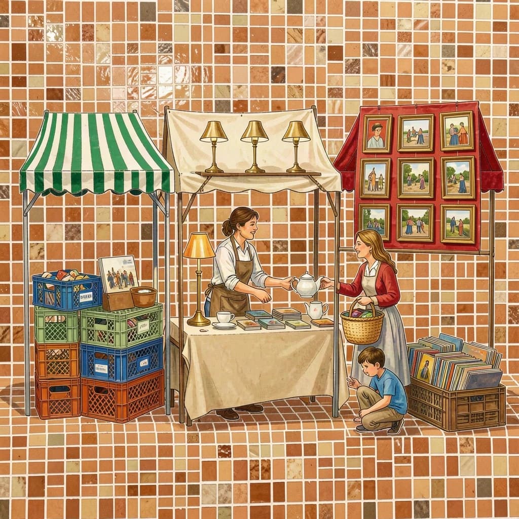 Glass tile mosaic of a Sunday flea market seen from a slightly raised angle, small square tesserae and warm terracotta grout. Three stall awnings in a row: the left one striped green and white over stacked vinyl crates, the middle plain canvas over six brass lamps with only the two tallest wearing shades, the right red awning hung with nine framed pictures in three rows of three. Under the middle awning a vendor in an apron hands a teapot across the table to a woman holding a straw basket, while a boy crouches at her feet by a crate of records. No lettering anywhere.
