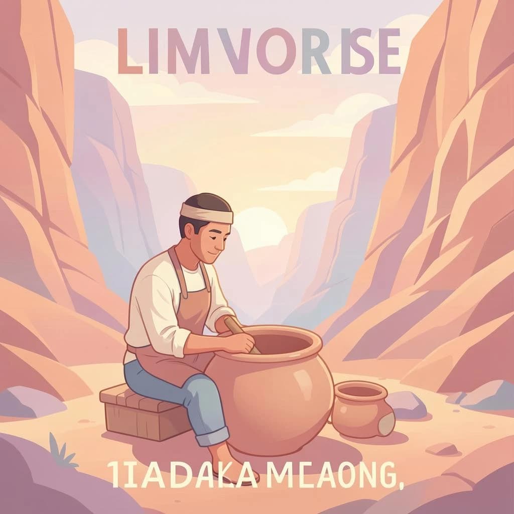 Poster illustration of a potter in a desert canyon, soft gradient fills, smooth vector finish, pastel palette.