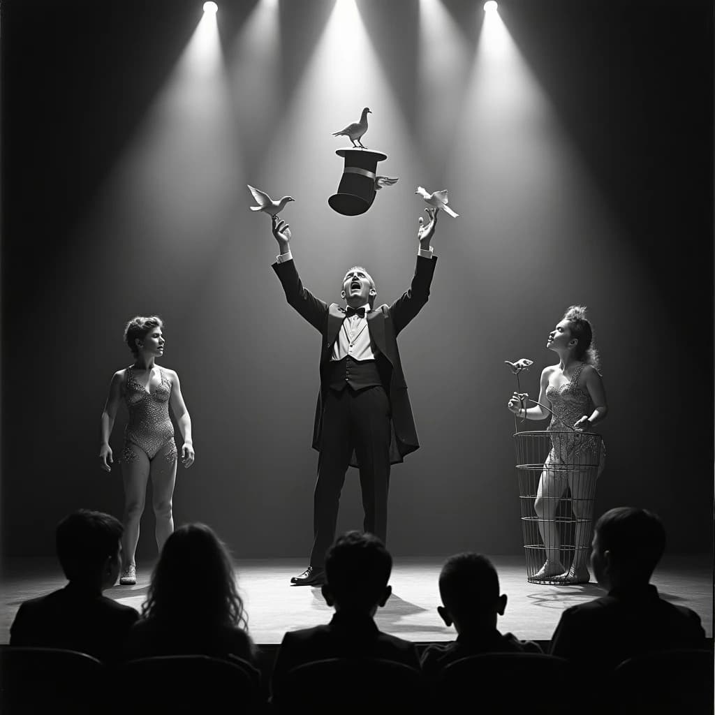 Black and white theatre still, harsh footlights raking up from below. A magician in tails stands centre stage releasing two doves from an upturned top hat, a third dove already perched on his left shoulder and a fourth settling on the wire cage at stage right. To his right an assistant in a sequined leotard holds a swaying hoop; to his left a boy in a bellhop uniform kneels holding the hat's velvet cover. In the front row, five silhouetted heads, only the second from the left leaning forward. Deep contrast, heavy silver grain, smoke drifting through the beams.