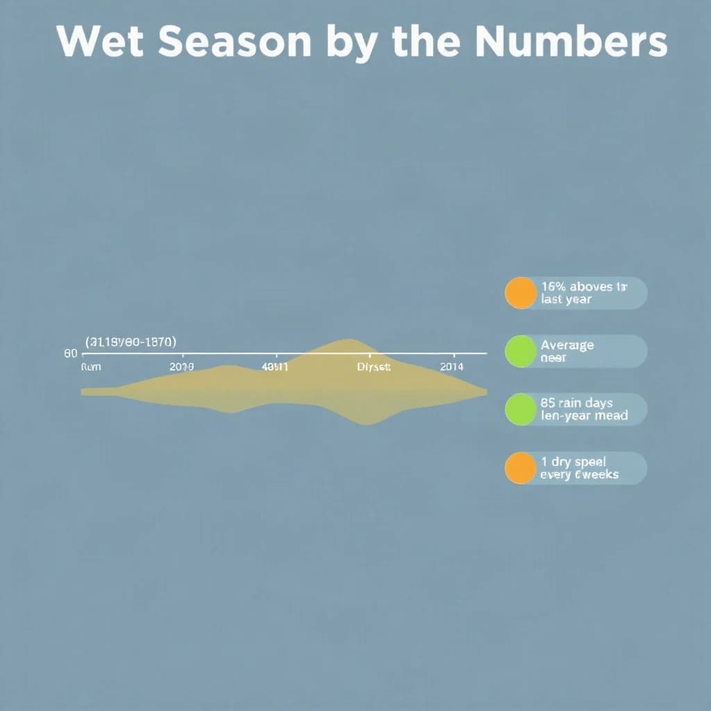 Flat vector illustration titled "Wet Season by the Numbers". A twelve-month rainfall timeline sits at the center, carrying three keyed regions, "Wettest" shaded dark blue, "Average" shaded pale green and "Driest" shaded sand. Three stat chips run down a right column, reading "16% above the ten-year mean", "85 rain days last year" and "1 dry spell every 6 weeks". Each key color matches the shading of the region it names.