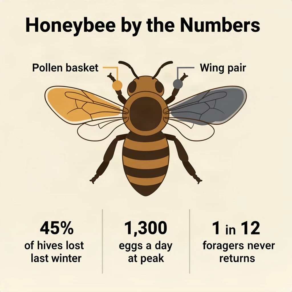 Flat vector illustration titled "Honeybee by the Numbers". A labeled bee diagram sits at the center, carrying two keyed regions, "Pollen basket" shaded amber and "Wing pair" shaded slate. Three stat chips run down a bottom row, reading "45% of hives lost last winter", "1,300 eggs a day at peak" and "1 in 12 foragers never returns". Each key color matches the shading of the region it names.
