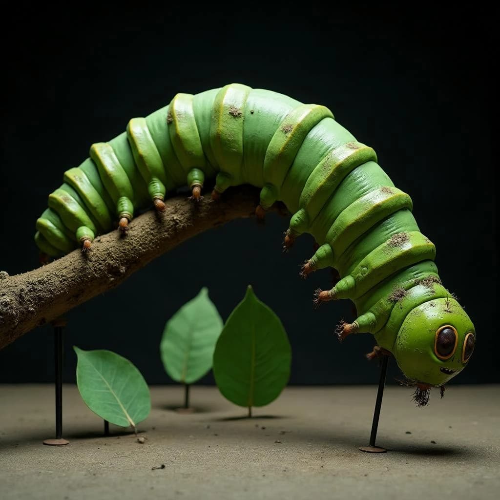 Macro photography of a practical effects test on a soundstage floor. A metre-long animatronic caterpillar puppet, dull green with a cream stripe, arched over a moss-covered branch: eight pairs of stubby legs, the front three pairs gripping the branch, the rest hanging free. Two thin black rods run out of frame to the right where a puppeteer's hands are just visible, and a third rod supports the head, which is turned toward camera with its mandibles open. Behind it, three sprayed foam leaves on stands, the middle one already chewed through. Hard key from above, black felt background, dust in the air.