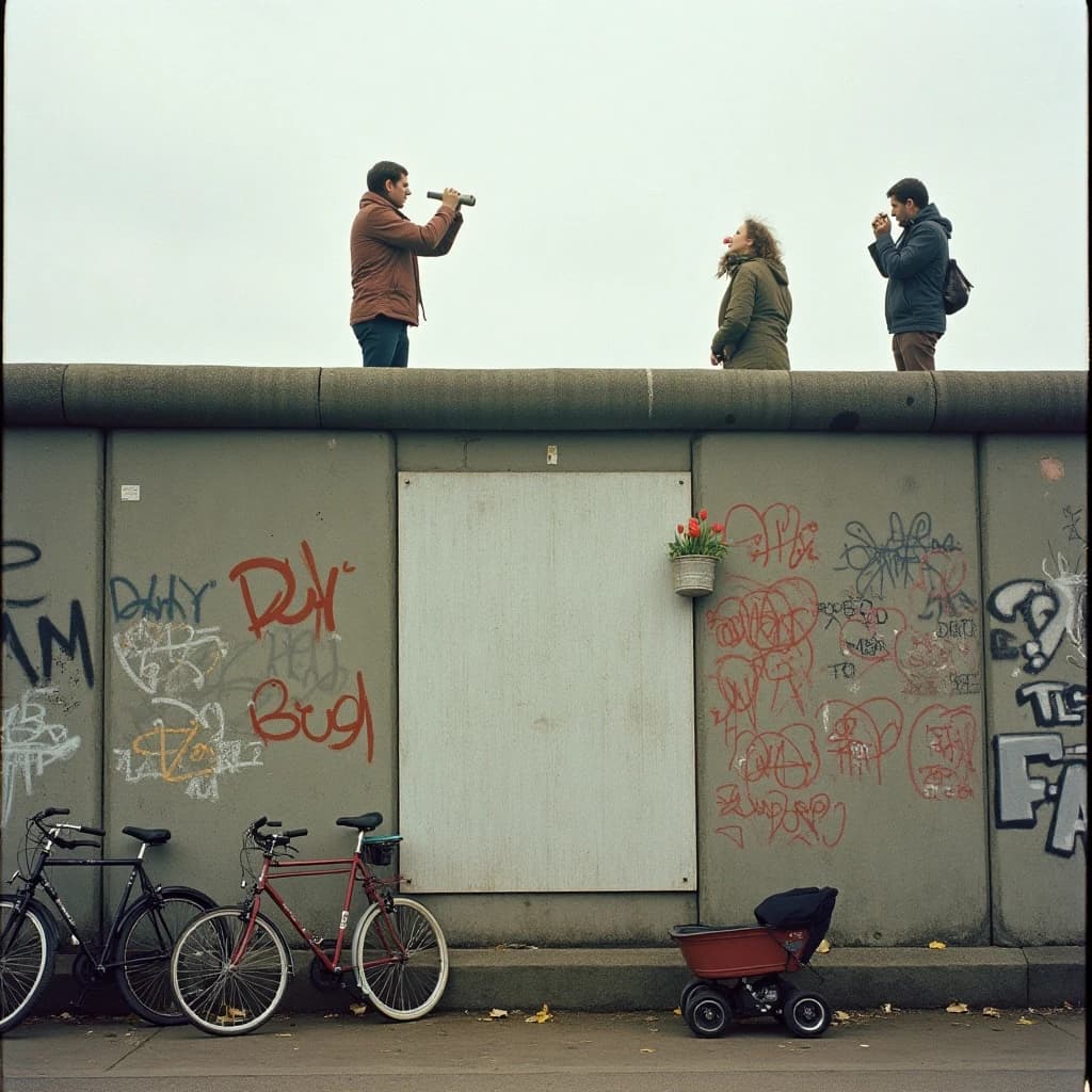 Shot on 1970s Kodachrome era color film, warm grain and slightly faded reds. A stretch of the Berlin Wall on a grey afternoon, covered in overlapping graffiti with one clean unpainted panel in the middle. Three people stand on a wooden viewing platform at the left, two of them looking over the top through binoculars while the third has turned back toward the camera with a cigarette. Four bicycles lean along the base of the wall, three upright and one fallen on its side. A pram is parked below the clean panel with a small bunch of tulips wedged into a crack above it. No cars in the frame.