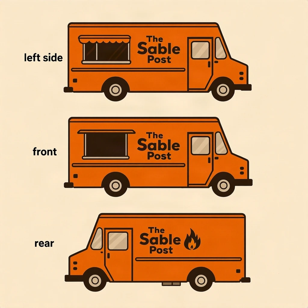 Printed poster: one food truck in three sides. The sides are captioned "left side", "front" and "rear" in that order. The wordmark "The Sable Post" appears on every side with a small flame icon beside it. The orange-and-brown coloring is the same across every side, and only the side changes.